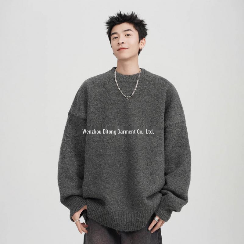 Men s American Retro Round Neck Coffee Sweater - Autumn/Winter Solid Color Casual Knit Pullover XL