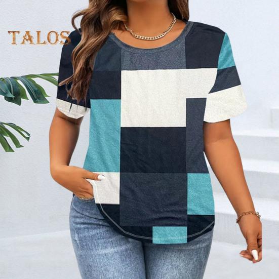 

Женская летняя повседневная рубашка с круглым вырезом и коротким рукавом, свободная рубашка с квадратным принтом, рабочая блузка для отдыха, уличная одежда 4XL розы красного