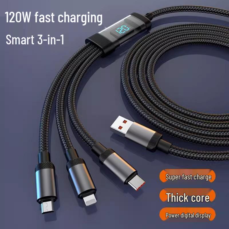 120W 3-in-1 Fast Charging Braided Data Cable for Huawei, Apple, and Type-C Devices with Digital Display