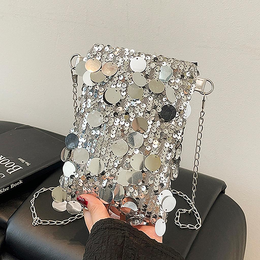 Fashion Trend Sequined Chain Shoulder Bag Small Square Tote Bag Simple Versatile Spice Girl Going Out Casual Messenger Bag Women