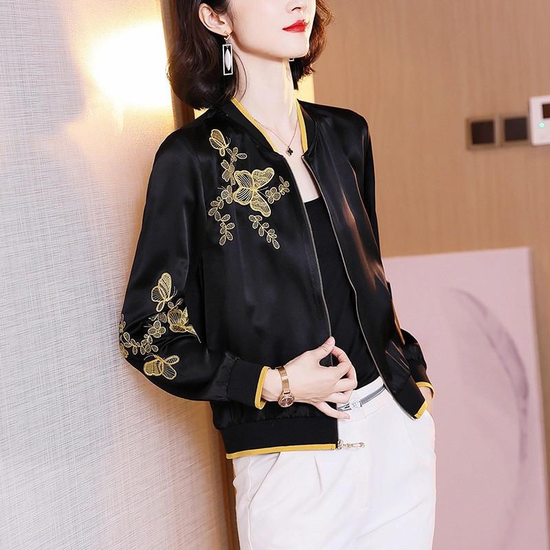 

Вышитая короткая куртка из шелка с длинными рукавами для женщин, весенняя новая свободная бейсбольная форма, куртка из шелка Mulberry 3XL чёрный