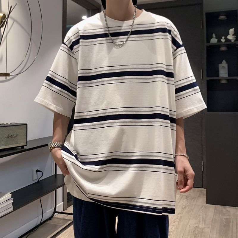 Casual Short Sleeve Pullovers Summer Young Style Contrasting Colors Men's Clothing Striped Basic Round Neck Chic Loose T-shirts