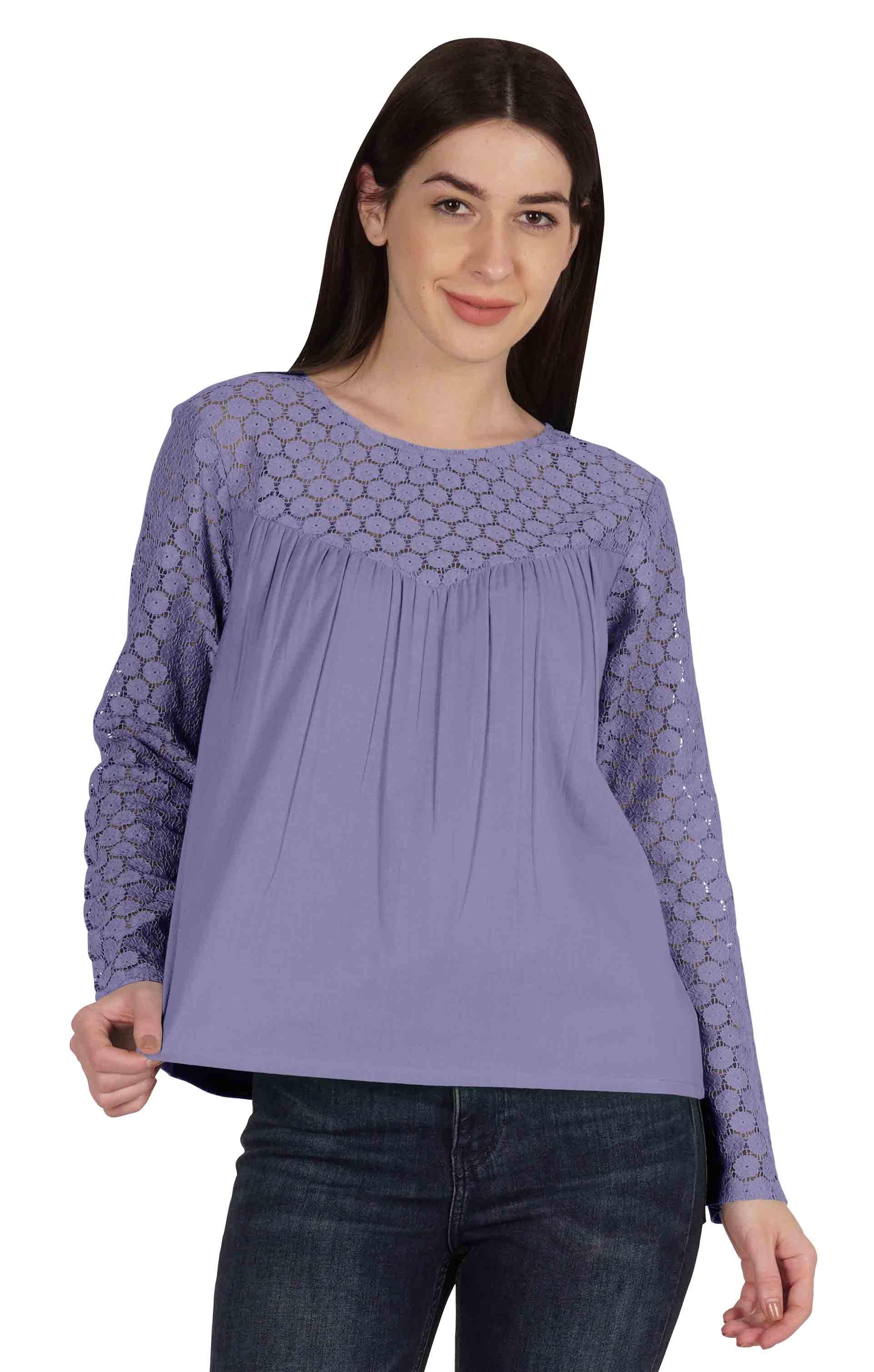 

Повсякденна однотонна туніка з мереживом у вікторіанському стилі Moomaya для жінок з довгими рукавами XXL Фіолетовий