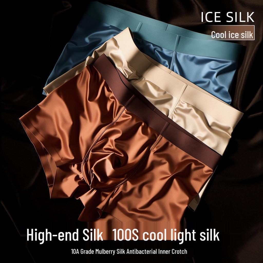 High-End Men's Seamless Boxer Briefs: Light Luxury Satin & Ice Mulberry Silk with Antibacterial Crotch