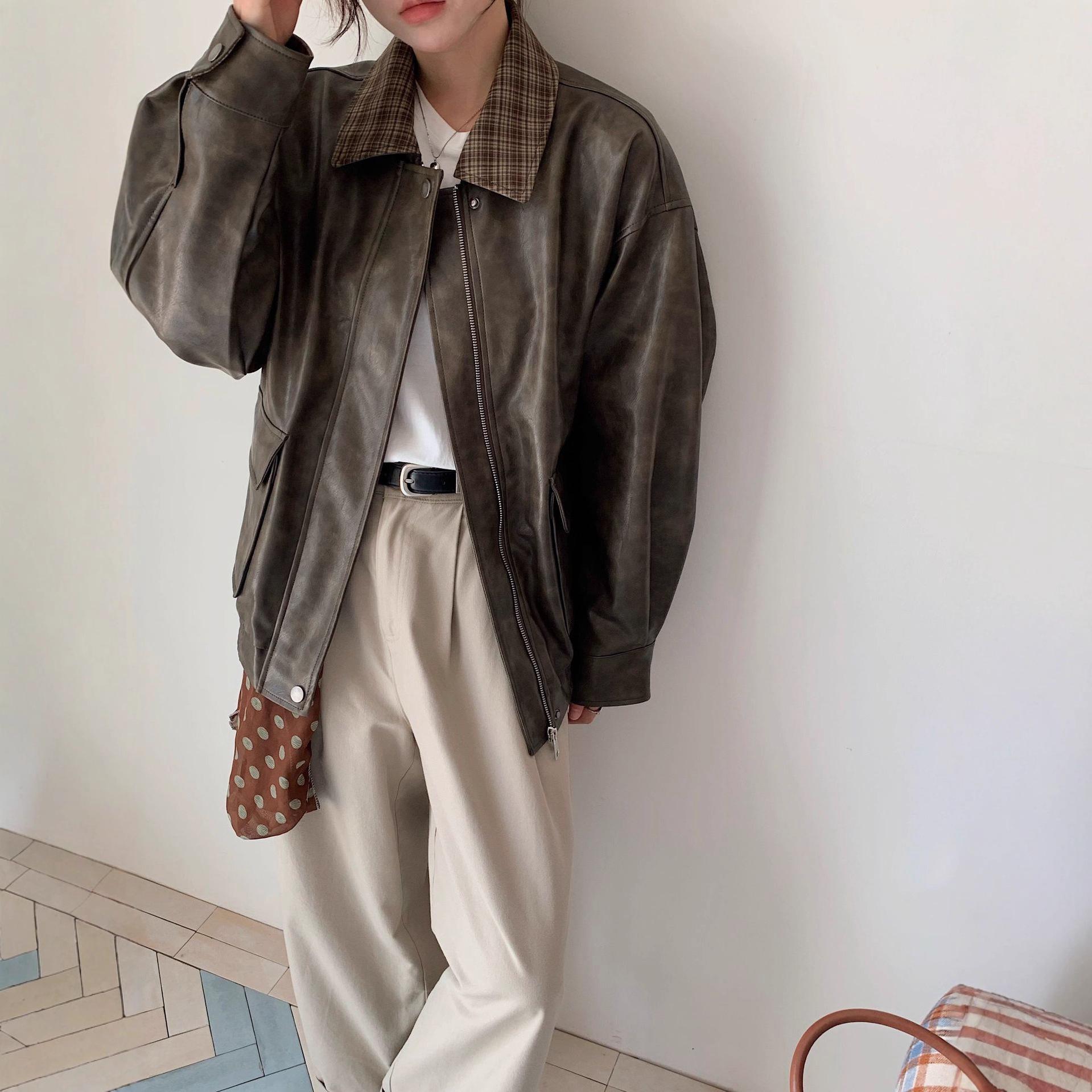 

High-End Plaid Patchwork Leather Jacket - Women s Retro Korean Style, Spring/Autumn, Short Lapel Coat with Pockets S кавовий