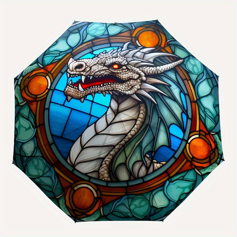 Stained Dragon Window Panel: Fantasy Art DecorUmbrella, Portable 3-Fold Compact Umbrella,Christmas Gift ES475