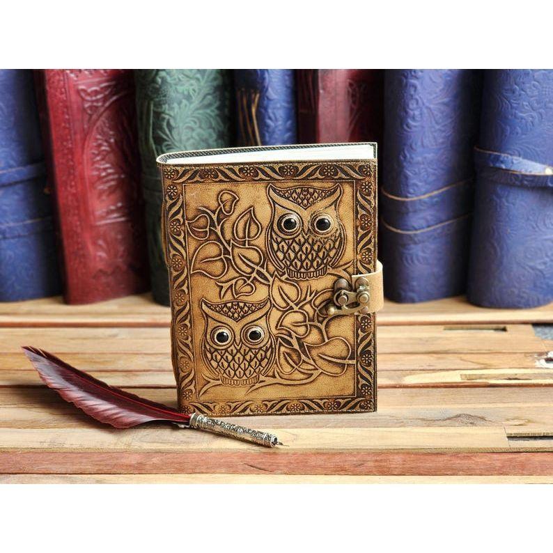 Handmade Owl Embossed Leather Notebook for Writing and Sketching, , Book Of Shadows and Personal Grimoire