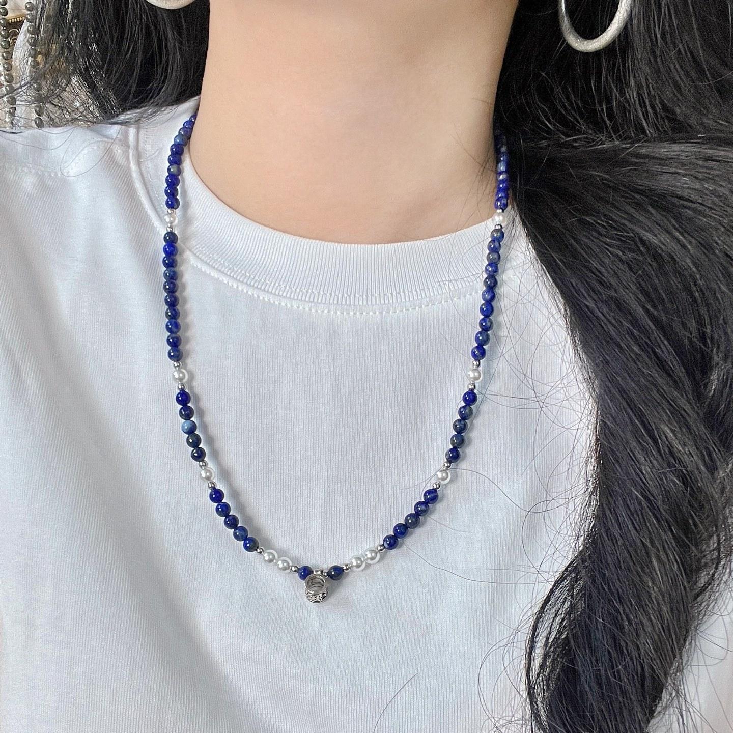 

Vintage High Quality Natural Lapis Lazuli Artificial Crystal Pearl Design Sweater Chain Necklace Collarbone Chain