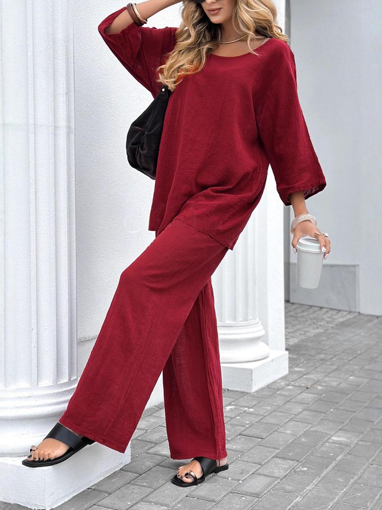 2025 Women's Solid Color Round Neck Linen-Cotton Top & Lace-up Loose Pants Set