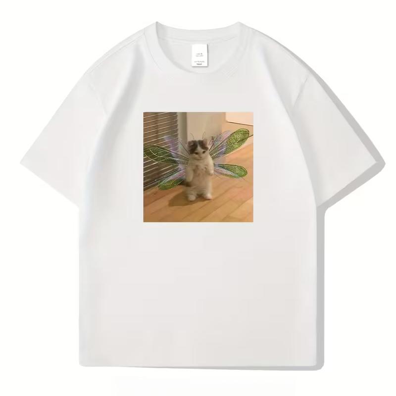 Fairy Cat Graphic Tee Casual Summer Fashion Short Sleeve Crew Neck Machine Washable Soft Eco Friendly Unisex Casual Tops S