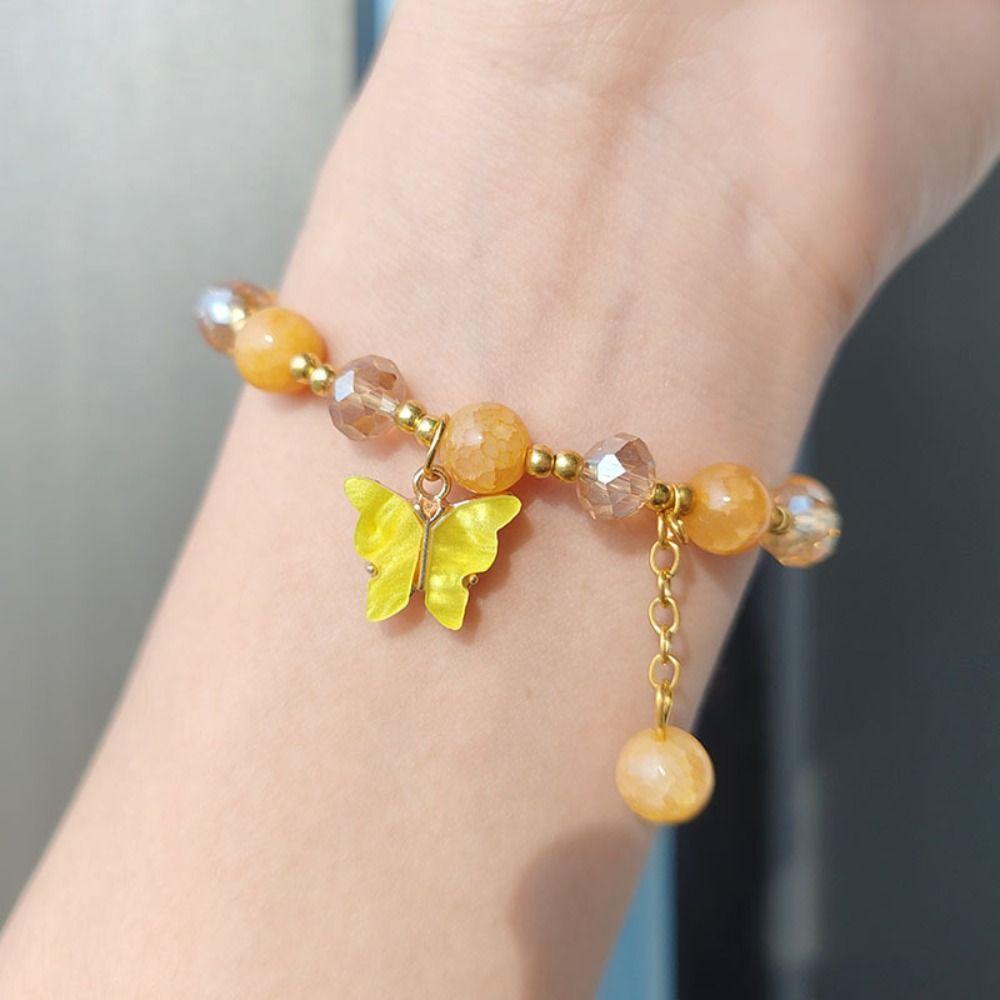 Sweet Glass Beads Bracelet With Butterfly Pendant Korean Style Bracelet Women Bangle  Female