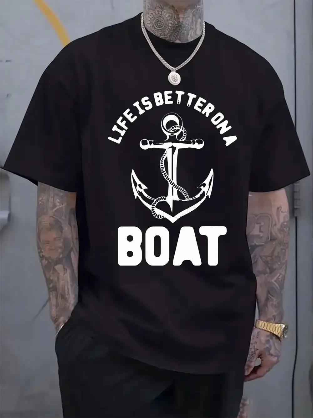 Navy Blue Nautical Graphic T-shirt - Life is Better on a Boat Print S