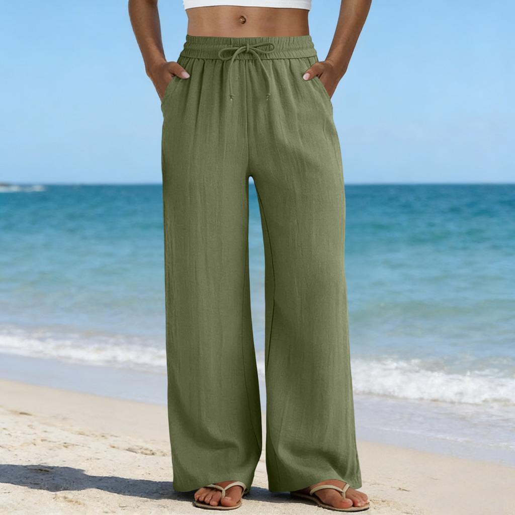 Wide Leg Pants For Women Flowy Drawstring Elastic Waist Trousers With Pockets Summer Beach Vacation Clothes