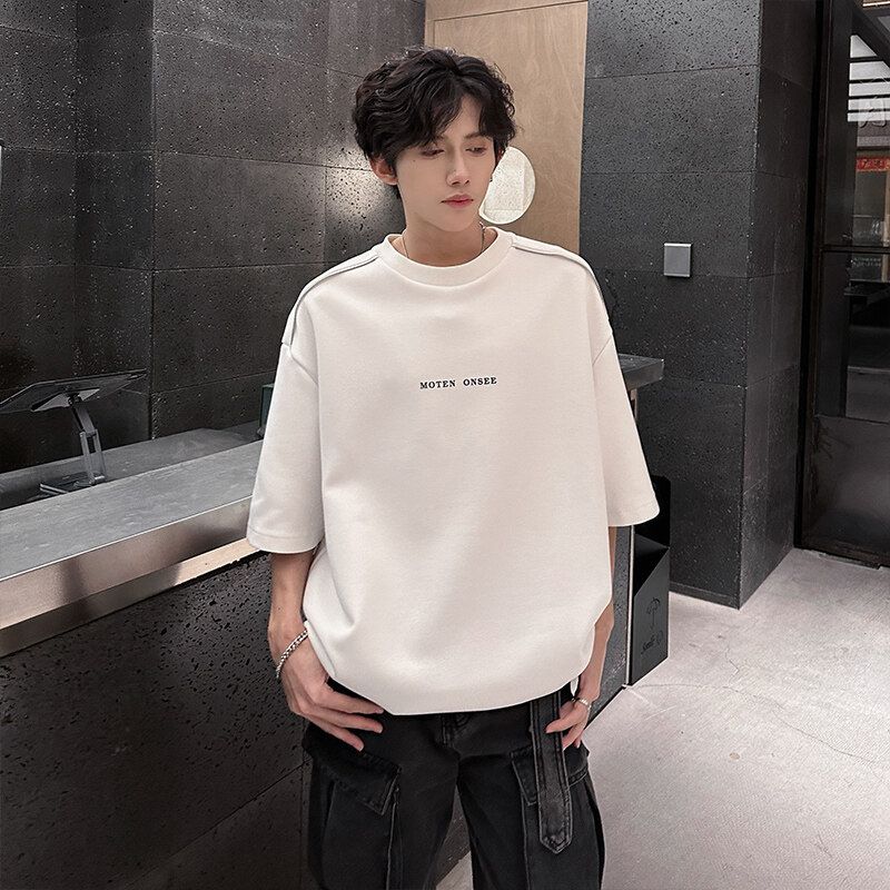 Men's Black T-shirt Streetwear Style Short Sleeve Letter Print Casual Loose Fit Top