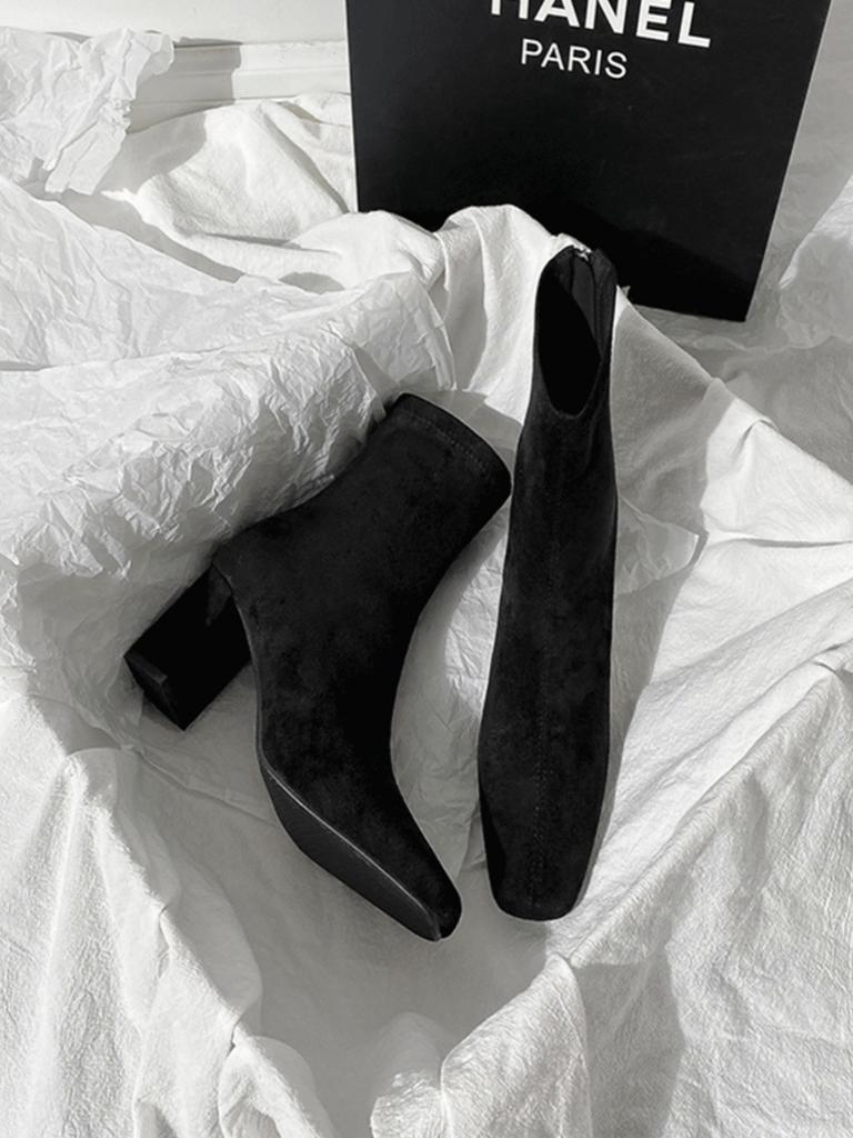 Hnědé krátké boty dámské vysoké podpatky podzim a zima nové semišové zadní zip francouzské malé kotníkové boty silný podpatek elastické čtvercová špička tenké boty