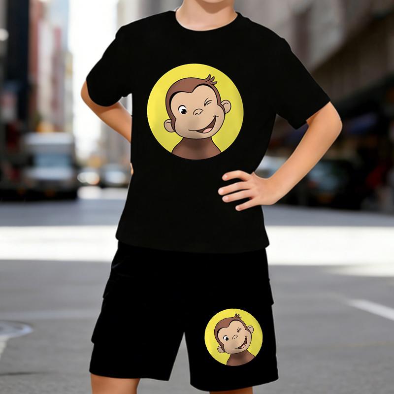 

Boys 2 Piece Curious Monkey Print outfit, Short Sleeve T-Shirt and Shorts Set for Kids Age 5-14,Black ,White Sporty Casual Summer Clothes 5-6 Years чёрный