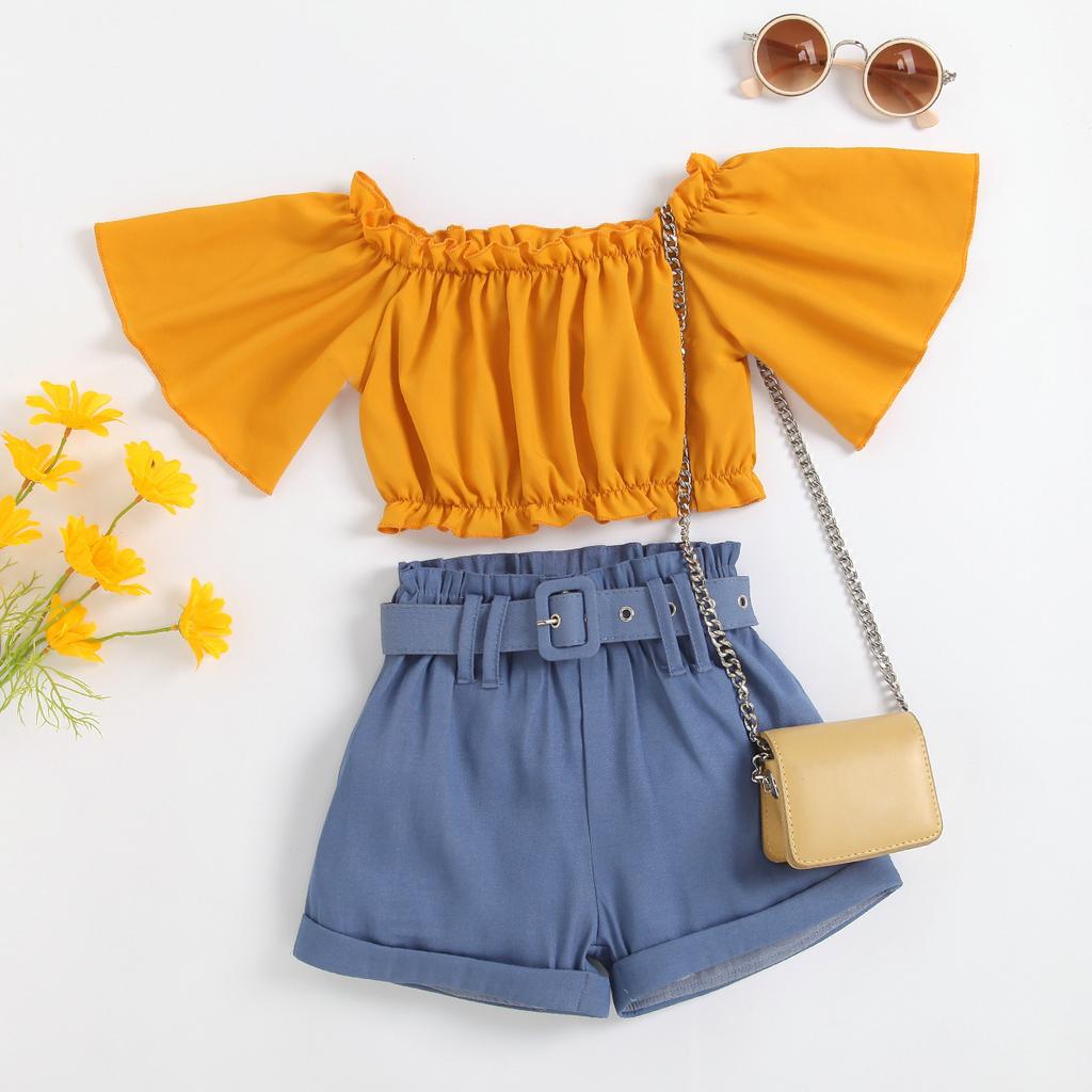 Sommer Kinder Mode Set, Einfarbiger Pullover mit ausgestellten Ärmeln, High-Waist Shorts, Kinder Set