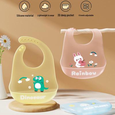 Cartoon 3D Silicone Baby Bib with Food Pocket - Super Thin, Food Grade Dribble Bib for Infants