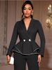 Women Stylish Black Long Sleeve Peplum Blazer with Silver Binding Formal Office Lady Business Autumn Winter Work Outfits