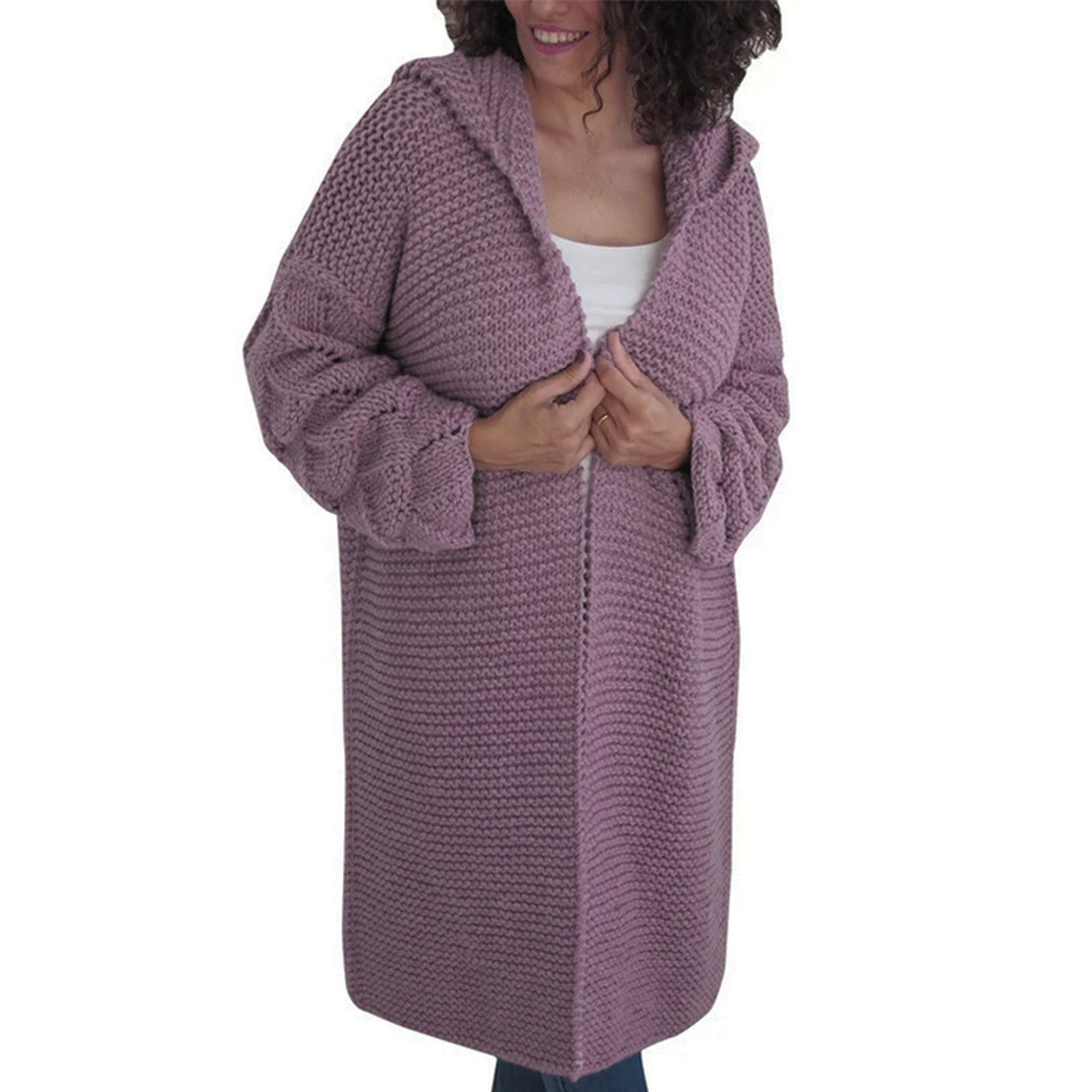 

Женский кардиган, однотонный длинный индивидуальный свитер с капюшоном, куртка XL фиолетовый
