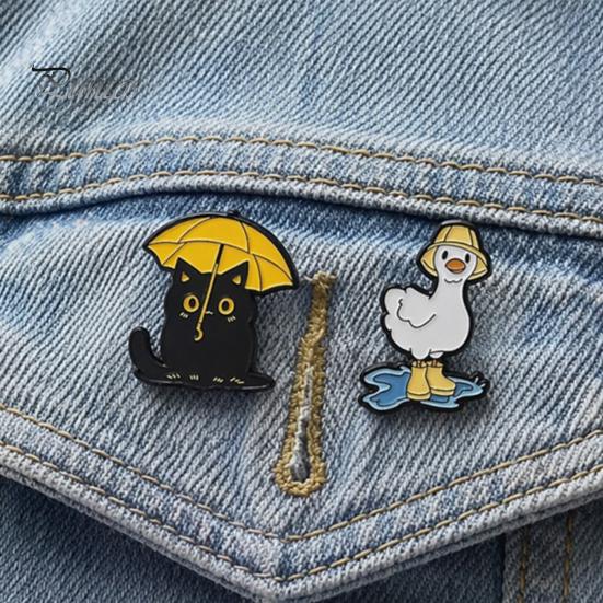 Colorful Enamel Jewelry Brooch, Rainy Day Animal Pin, Black Cat Umbrella Duck Treading Water Rain Accessories Badge, Vivid Expressions Stable