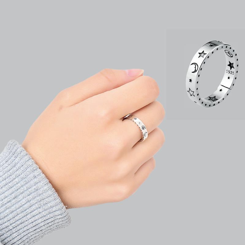 Korean Vintage Moon Star 925 Silver Finger Ring For Women Party Wedding Jewelry Jz404