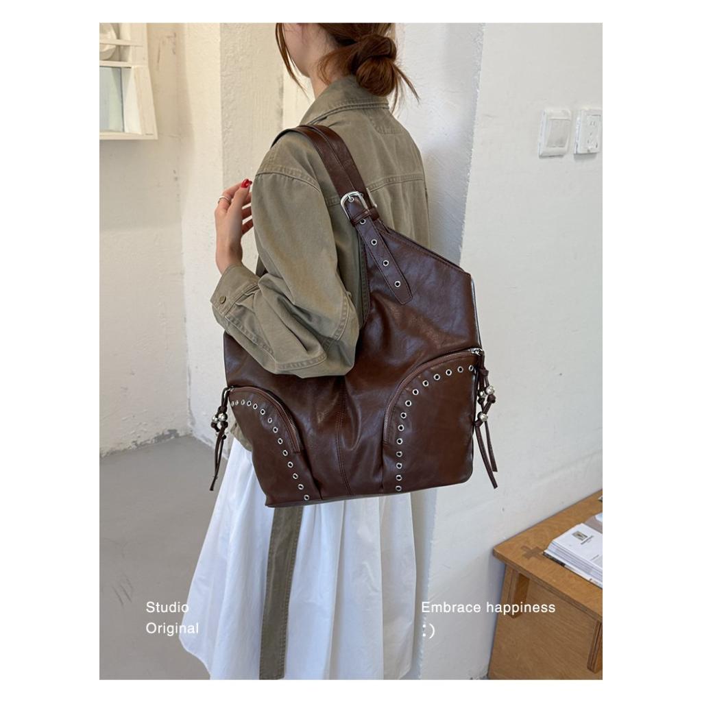 Tote Bag Women PU Single Shoulder Studded Large Capacity Multi Pocket Adjustable Strap Daily