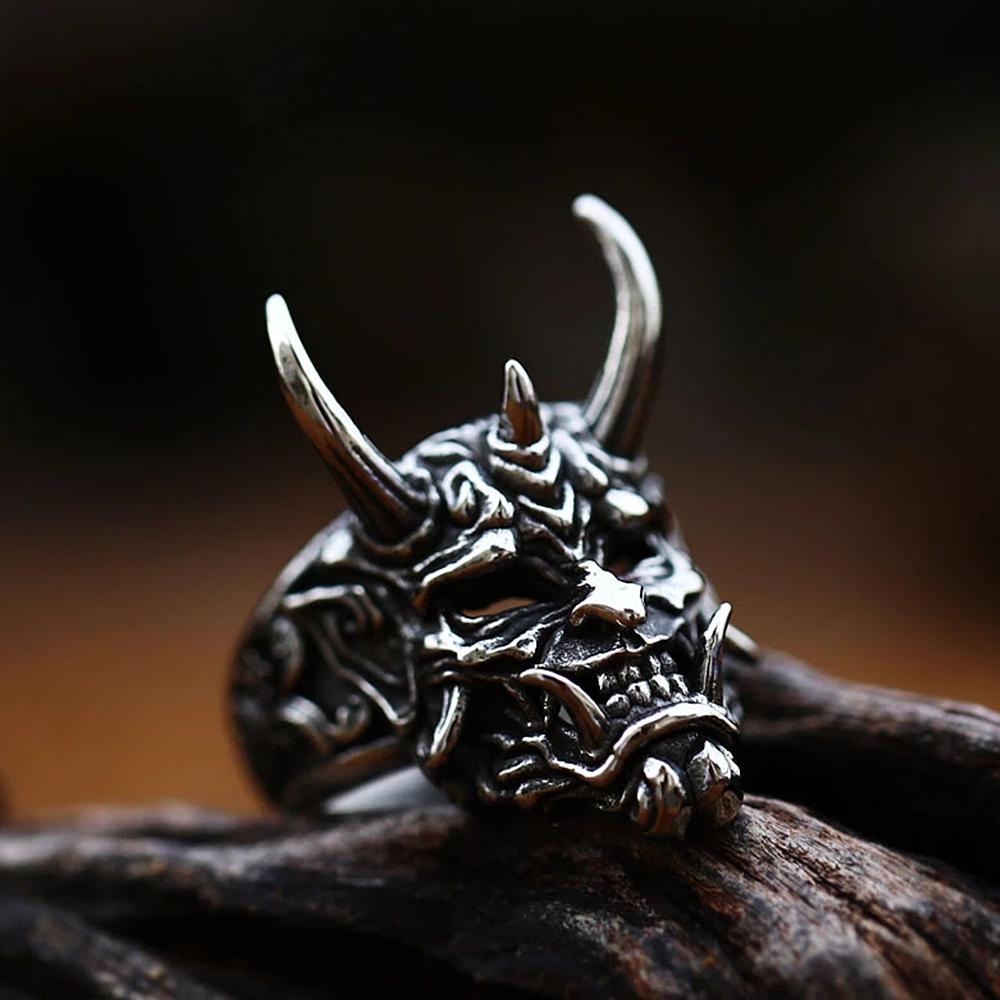 Mens Gothic Prajna Mask Ring Stainless Steel Japanese Samurai Skull Rings for Men Women Fashion Biker Jewelry Gift 7