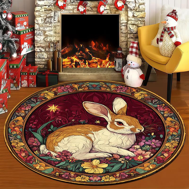 Vintage Rabbit Floral Round Rug Non-Slip Machine Washable Floor Mat 2D Flat Soft Area Rug for Living Room Hallway Easter Decor