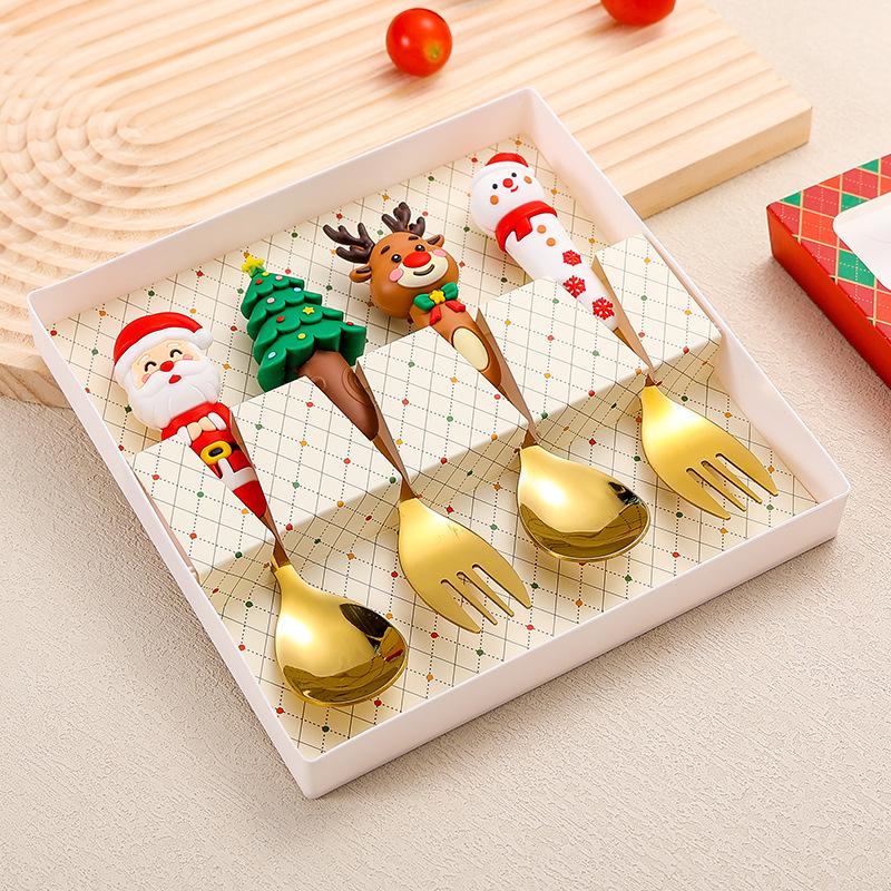4 Stück Weihnachtsgabel und Löffel Set Besteck Edelstahl Kreatives Tafelgeschirr Kaffee Tee Dessert Geschenkset