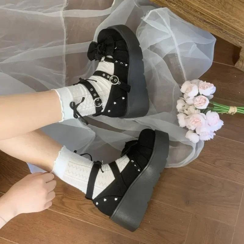 Kulatá špička Silná podrážka JK Lolita Mary Jane Roztomilé dámské boty s mašlí Sladké Jednoduché Pohodlné Všestranné Ležérní mokasíny