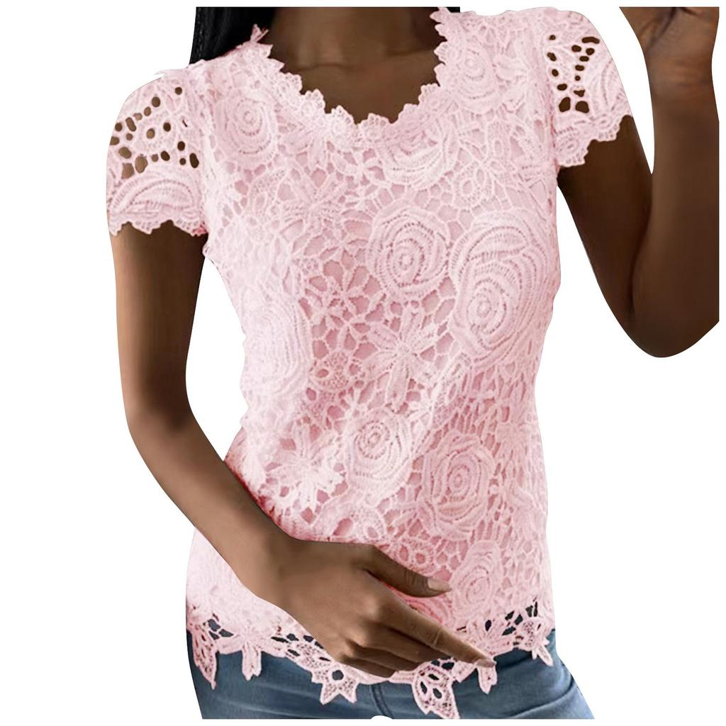 Women's Color Lace Splicing Short Sleeve Round Neck Tops