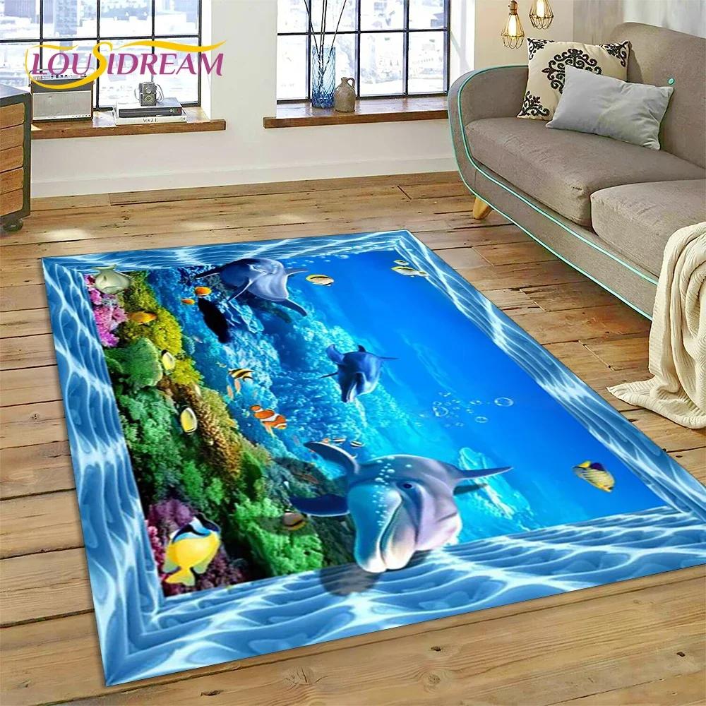 3D Illusion Unterwasserwelt Meeresboden Hai Delfin Cartoon Teppich Teppich für Schlafzimmer Wohnzimmer Sofa Dekoration, Kinderdekor Fußmatte