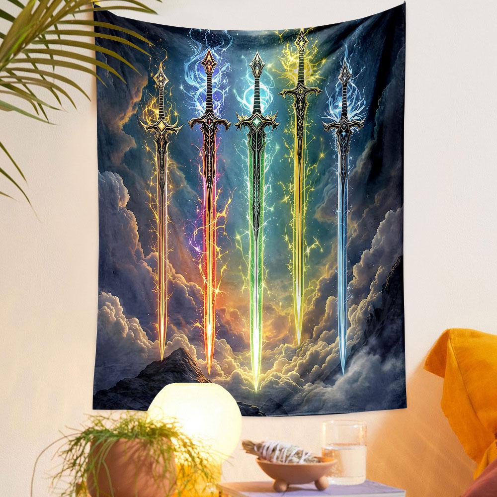 "Colorful Enchanted Swords in Sky" Patterned Tapestry Decorative Wall Hanging, Home Bedroom Living Room Decor