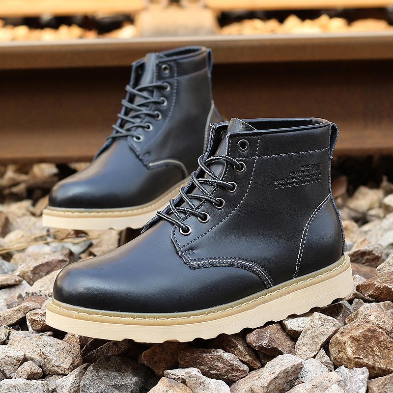 Men Tooling Fashion Casual Leather Shoes High Top Winter Warm Snow Boots Lace-Up Outdoor Motorcycle Ankle Boots Military Style