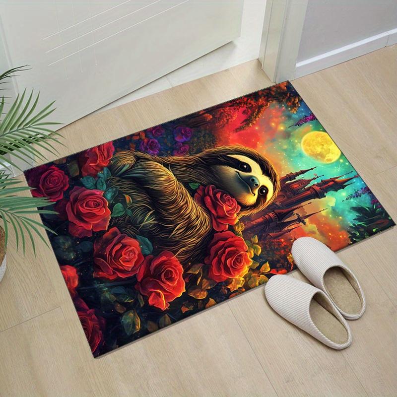 Sloth with Roses Rug for Romantic Living Rooms - Exotic Animal Prints, Beautiful Floral Designs, Luxurious Home Furnishings
