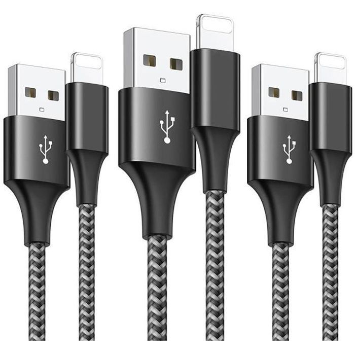 Lot 3 Fast Cable 3A 1M - PROSHOP - For iPhone 13/12/11/Pro/X/XR/XS/MAX/8/7/6 - Black Nylon