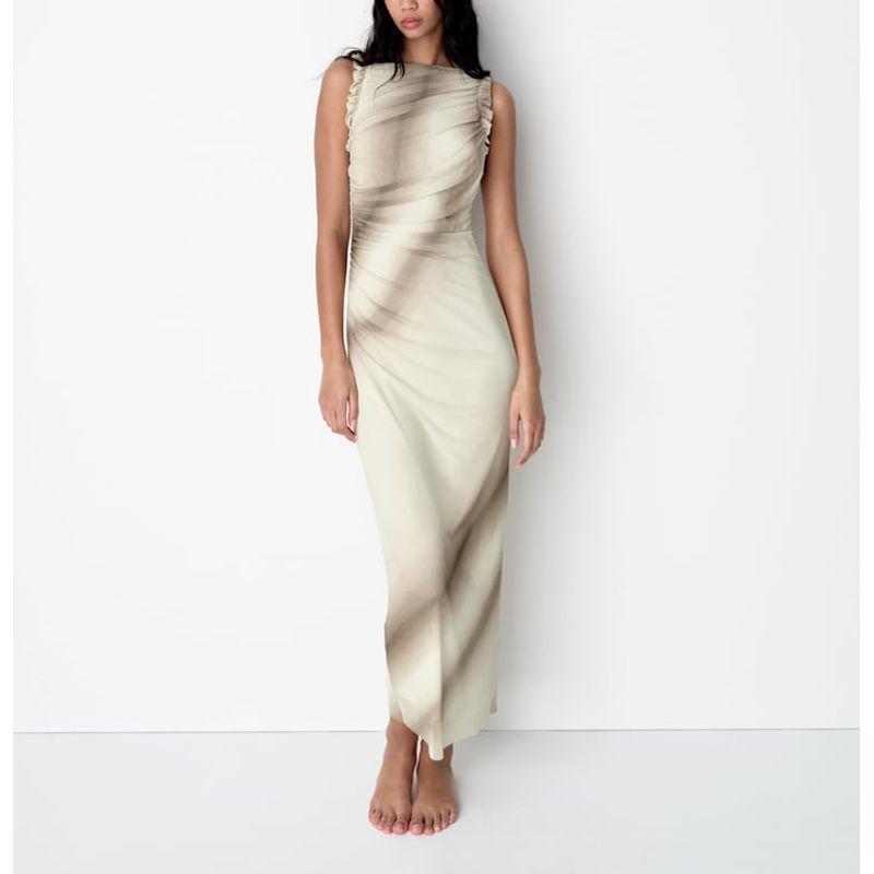 Spring NEW round Neck Sleeveless Pleat Vest Skirt Laminated Decorative Silk Net Print Dress 2321174