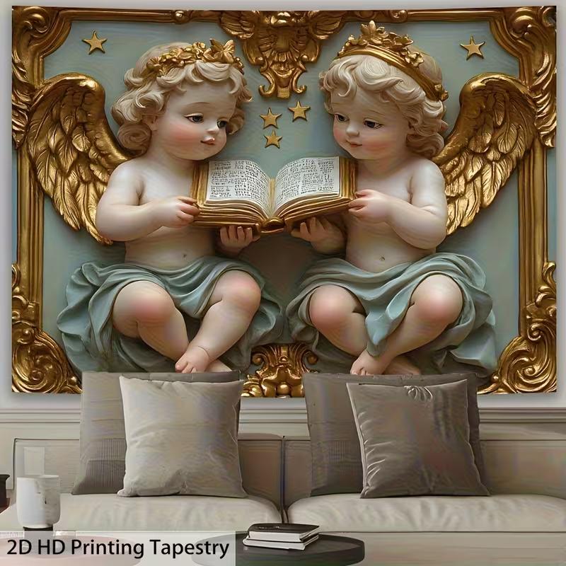 2D Cute Reading Angels Tapestry Cloth Baroque Style Wall Art
