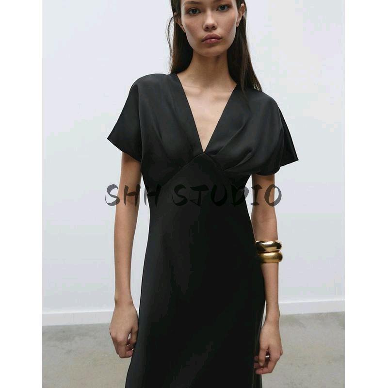 Spring New Women's Clothing French Style Elegance Silk Satin Texture Short Sleeve V-neck Midi Skirt Dress 2330399