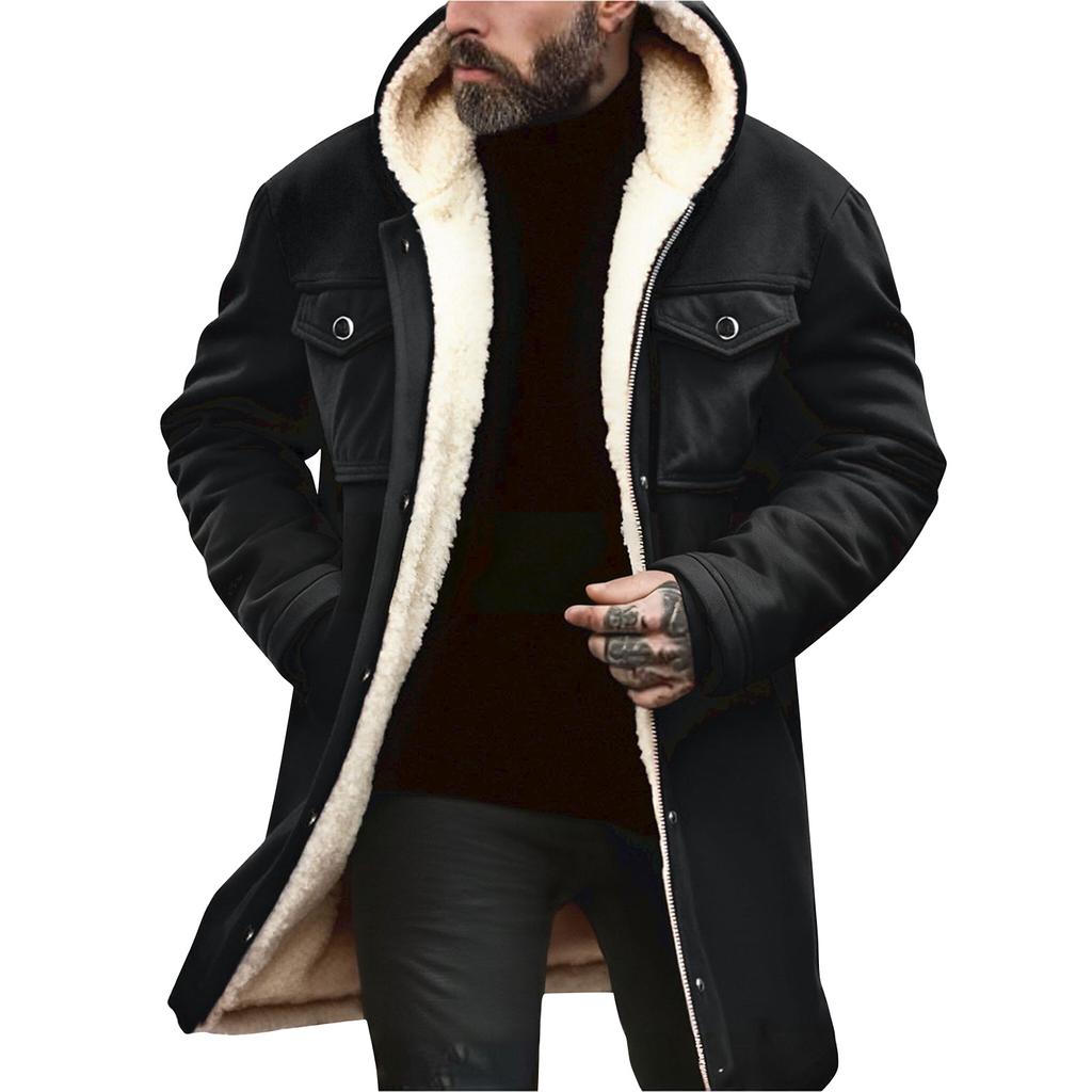 Men's Solid Color Button Pocket Work Wear Plus Leather Jacket Men's Casual Long Coat
