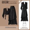 Elegant Red Knit & Leather Winter Two-Piece Outfit for Women