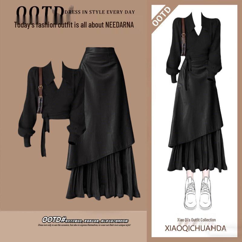 Elegant Red Knit & Leather Winter Two-Piece Outfit for Women