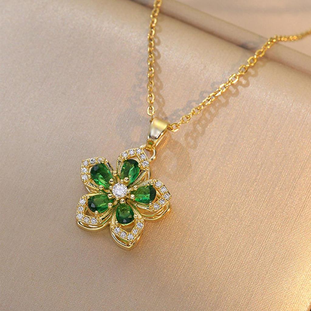 Vintage Flower Pendant Necklace, Inlaid Crystal Titanium Steel Chain, Colorful Fashion Jewelry for Women
