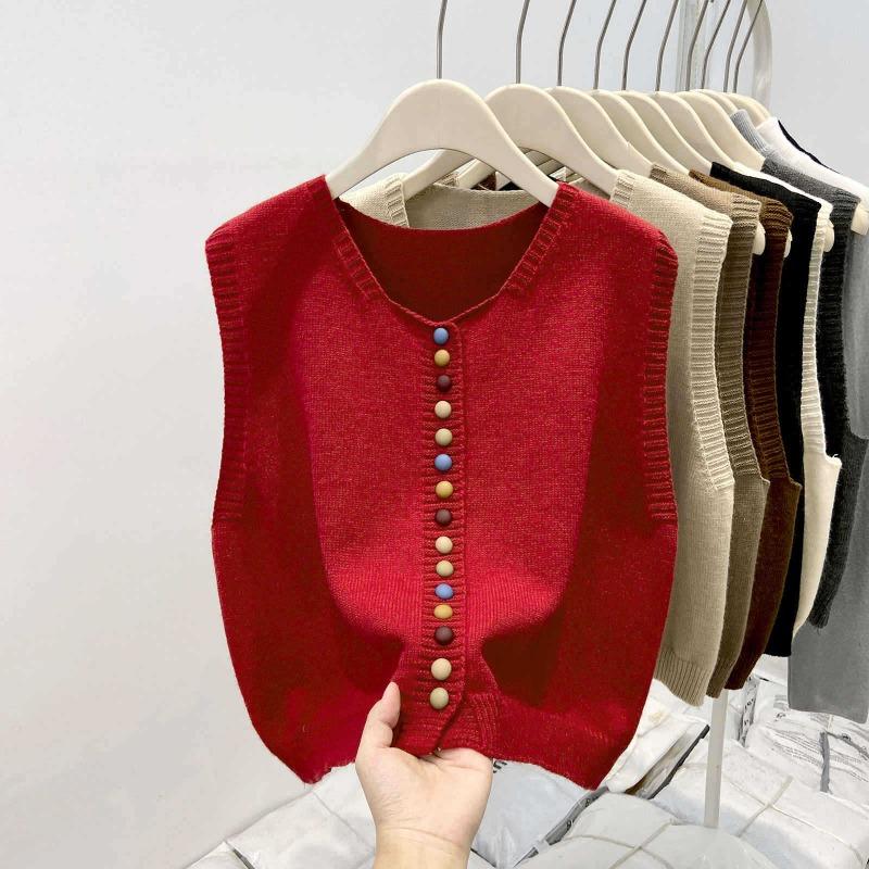 Rainbow single-breasted knitted vest women's sweater spring niche stacked cardigan angora red vest