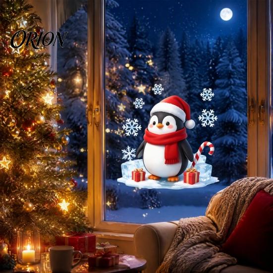 Removable Window Art Christmas Cartoon Penguin Sticker, Cute Decal with Santa Hat And Seasonal Home Ornament Scarf Design, PVC Waterproof Static Glass