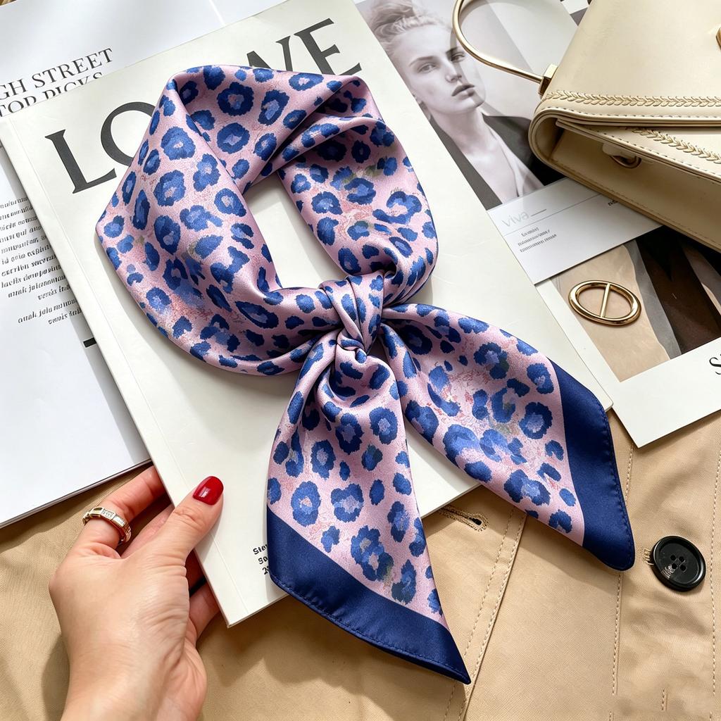 Commuter elegant flower silk scarf women's contrasting color retro printing satin scarf shirt with multi-purpose decorative small scarf