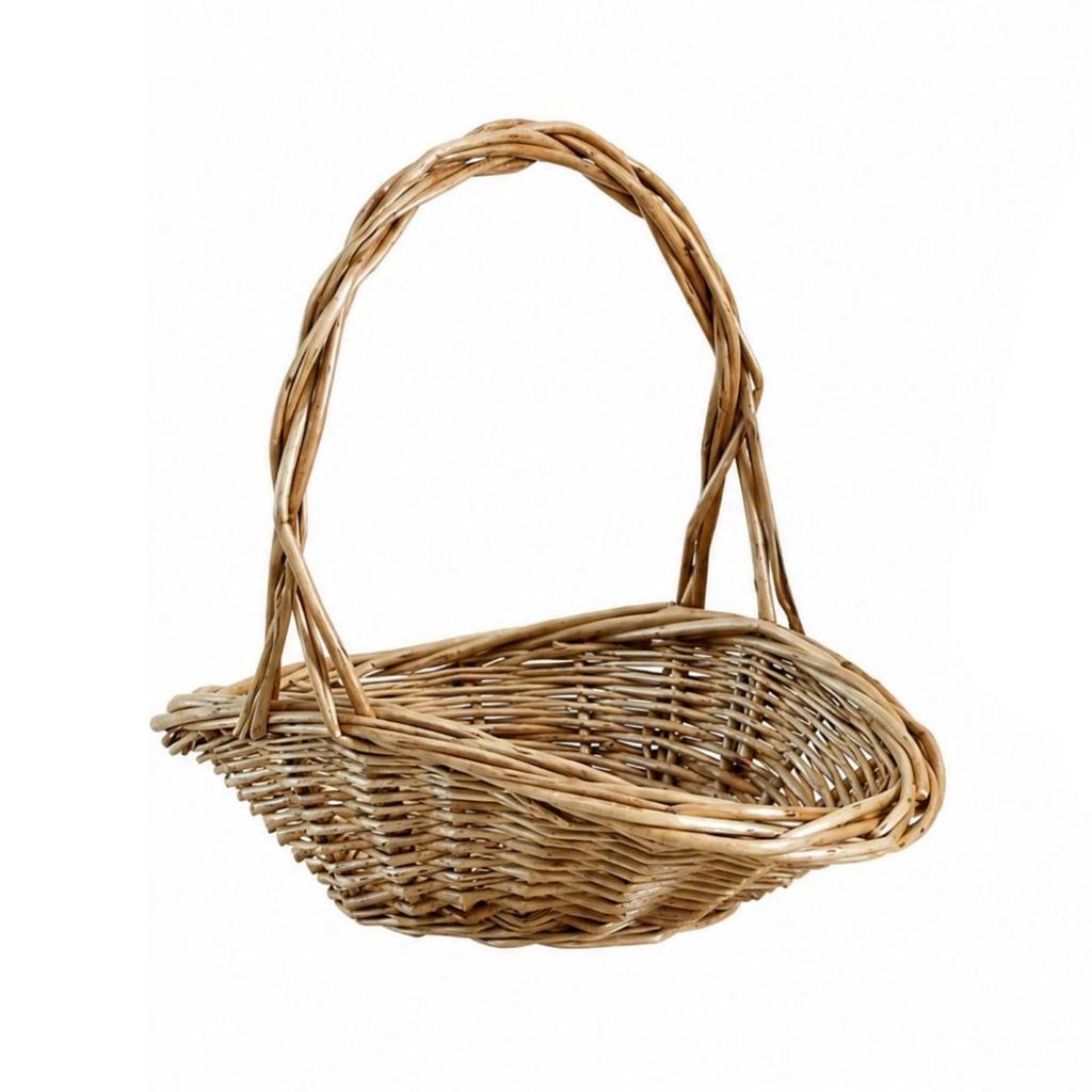 Hand-Woven Wicker Basket Versatile Shallow Oval with Arched Handle Rustic