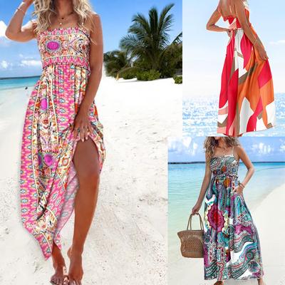 Women's Dresses Fashion Summer Spaghetti Strap Print Boho Beach Maxi Dresses for Women Sundress Robe Femme