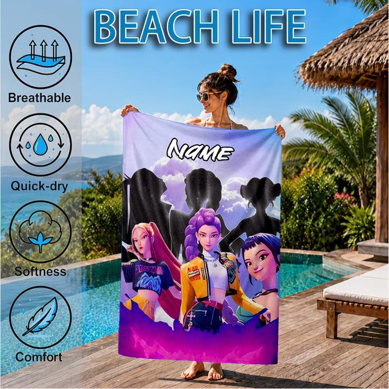 Custom Name KPop Cartoon Beach Towel Microfiber Beach Towel, Lightweight and Quick-Dry, for Summer Travel, Swimming Pool Gift